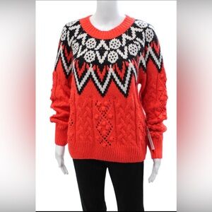 Lucky Brand Coral Red Fair Isle Cable Knit Sweater